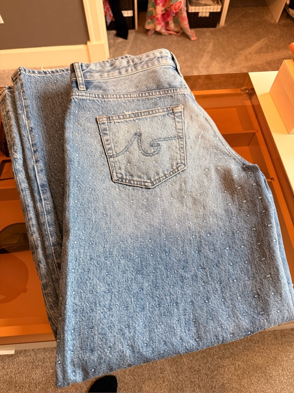 Ag Adriano Goldschmied Light Blue Wide-Leg Jeans with Subtle Sparkle